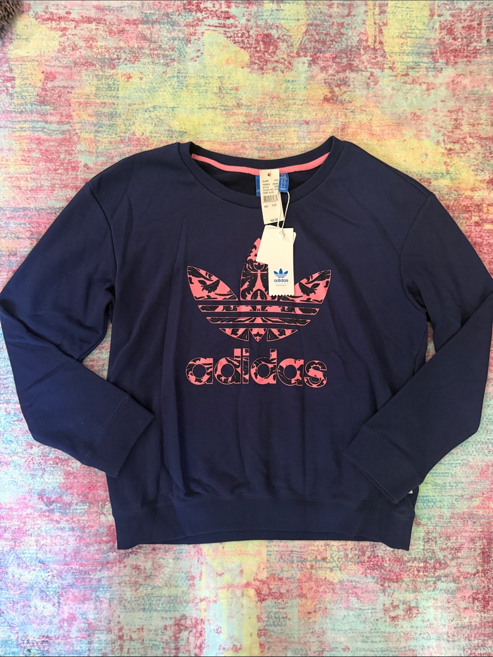 adidas Women’s Navy Crewneck Sweatshirt with Pink Logo
